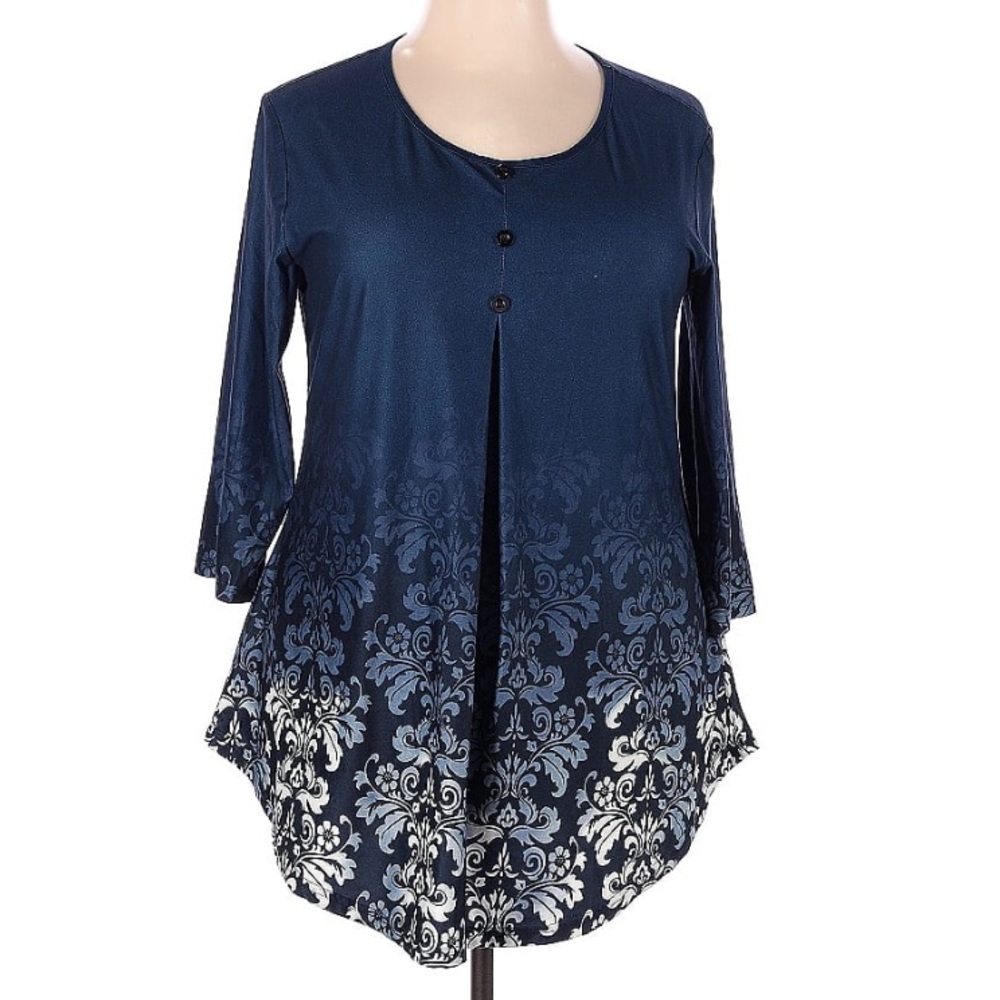 BaiShengGT Blue Ombré Jacquard Print Scoop Neck Peplum Tunic Blouse EUC sz 2X